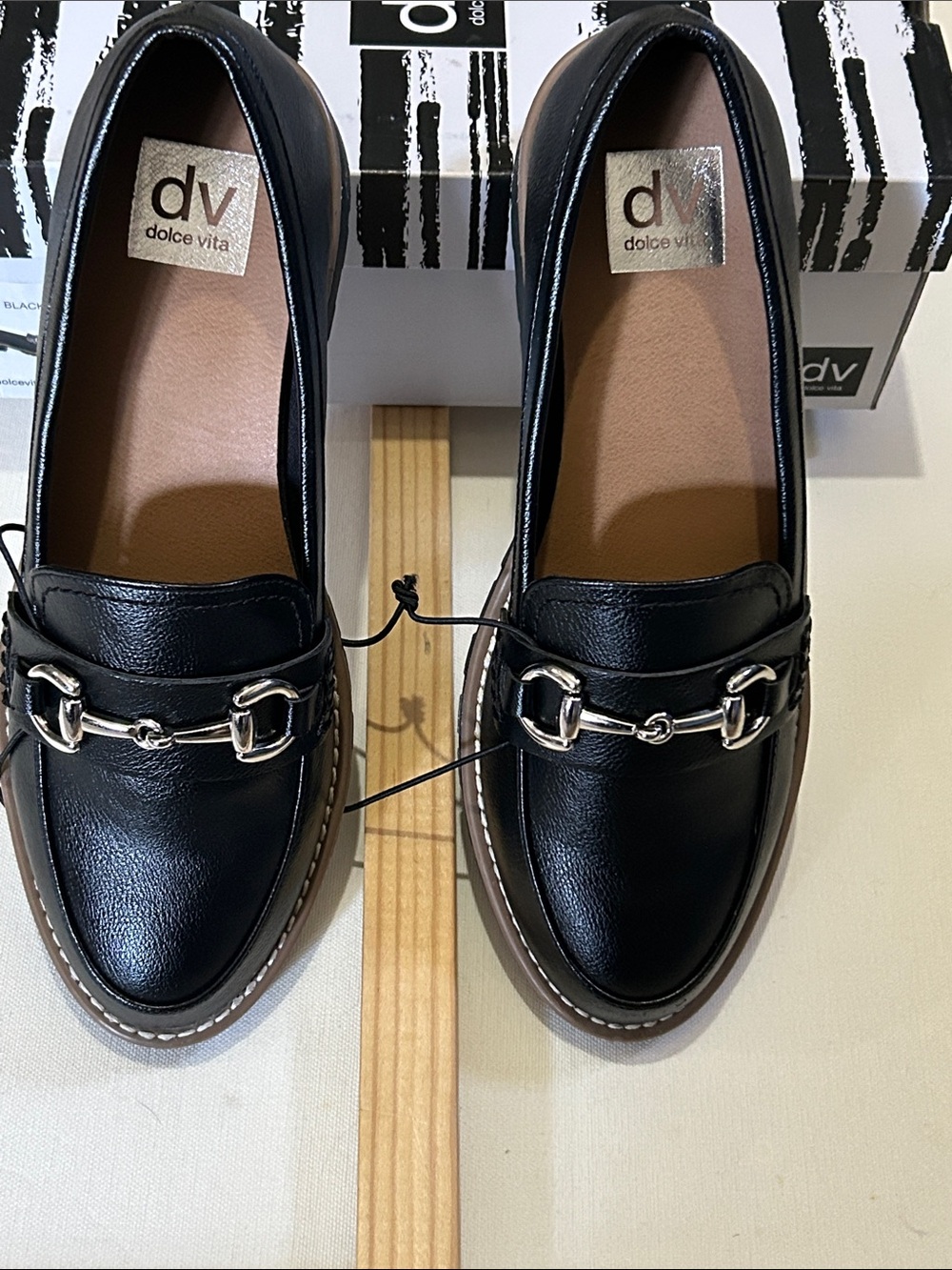 Dolce Vita Black Leather Loafers with Silver Chain Trim